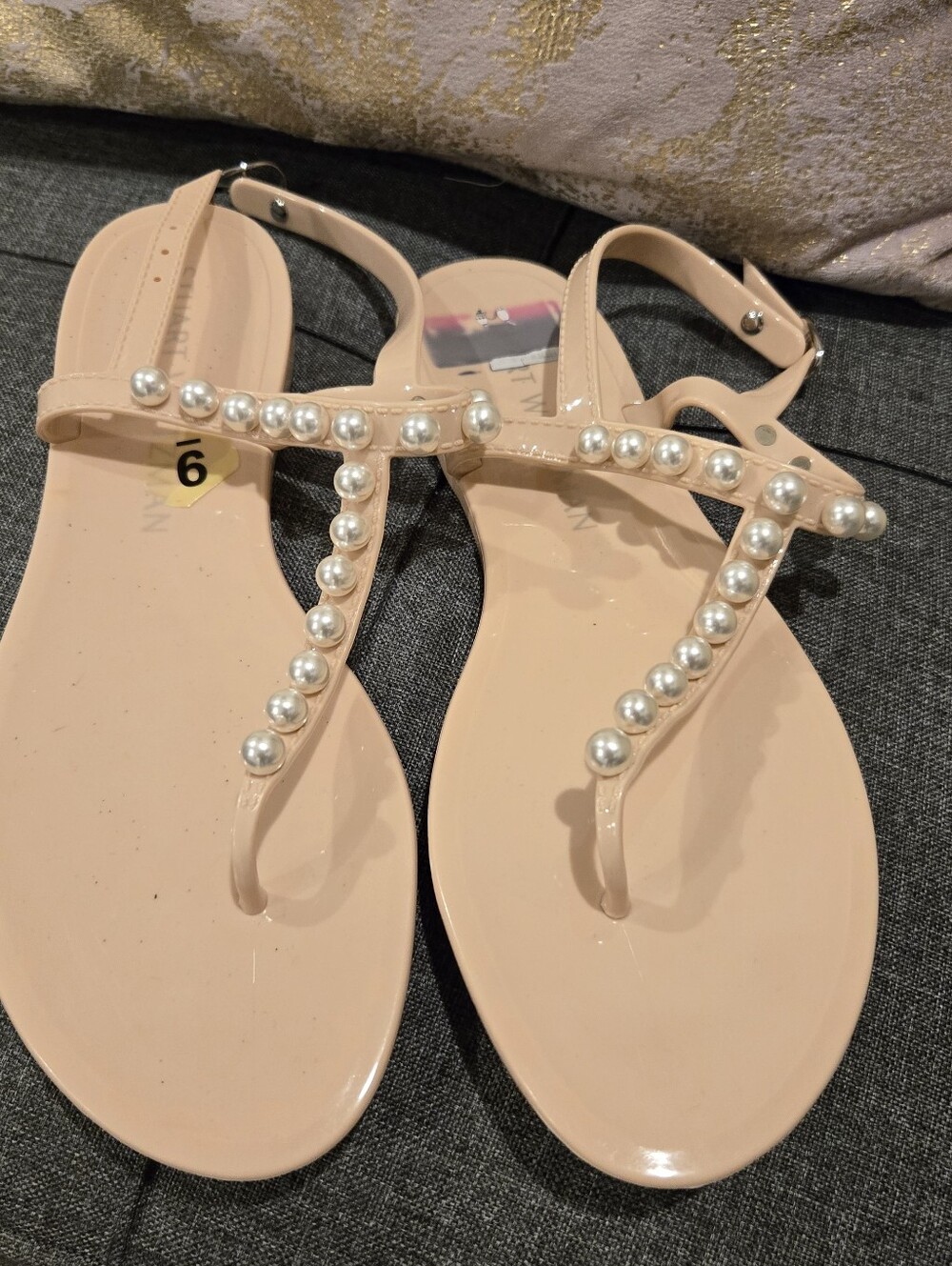 Stuart Weitzman Nude Pearl T-Strap Sandals